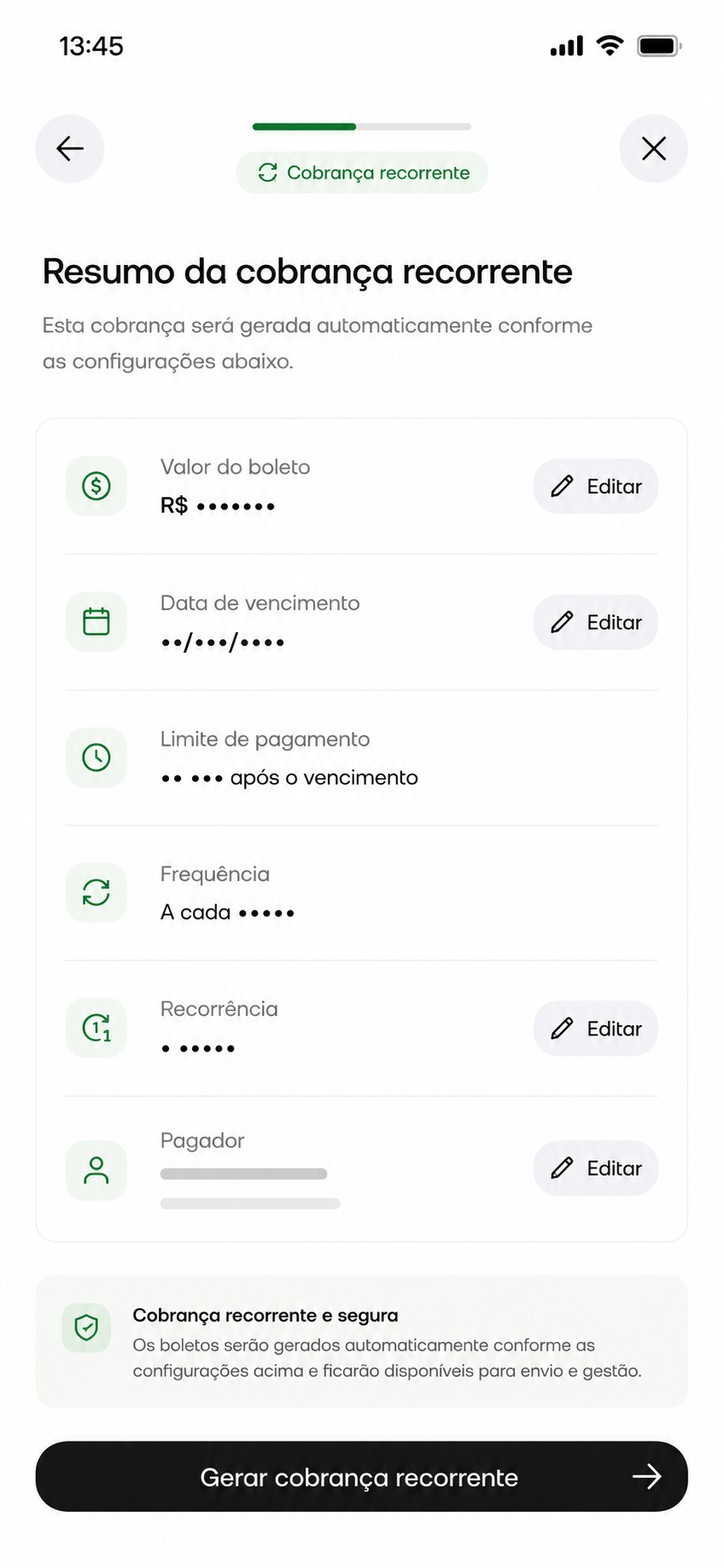 Tela mobile de emissao de cobrancas recorrentes