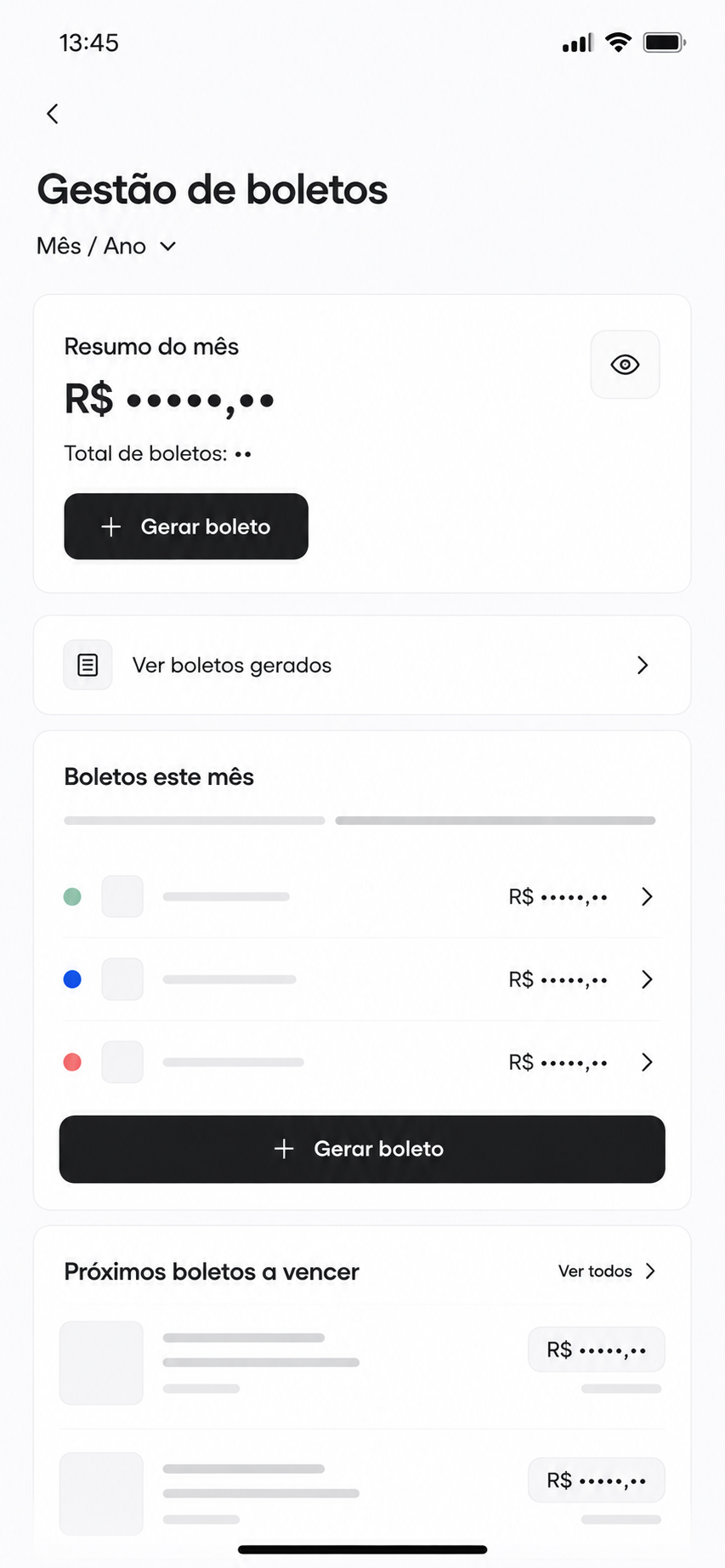Tela mobile da plataforma de gestao de boletos
