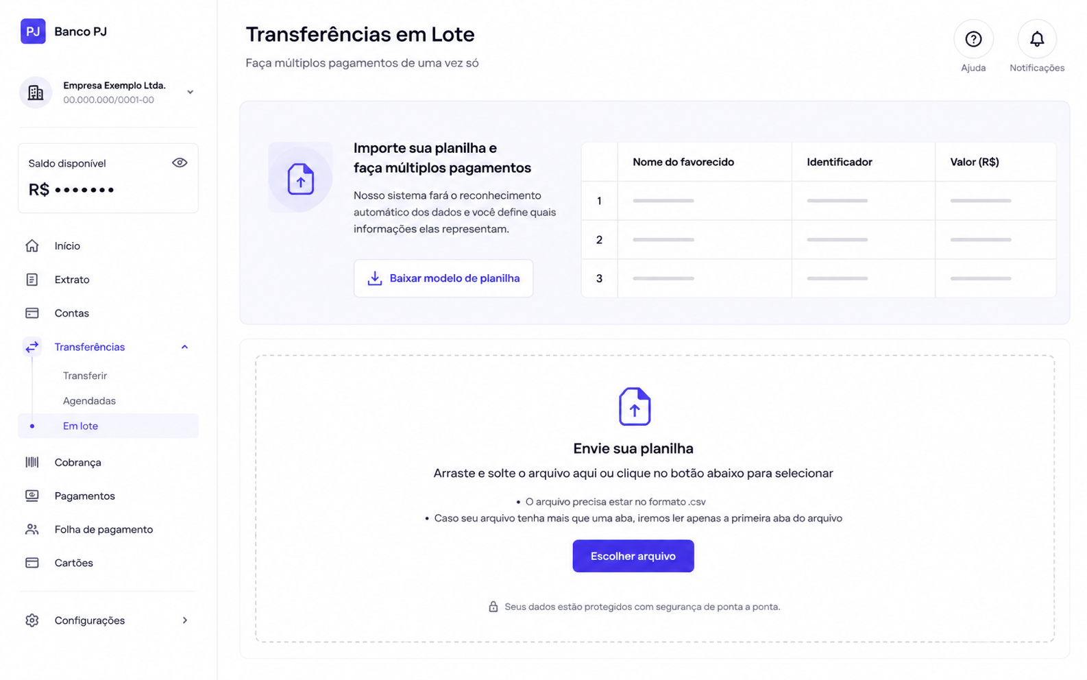 Tela da funcionalidade de transferências em lote